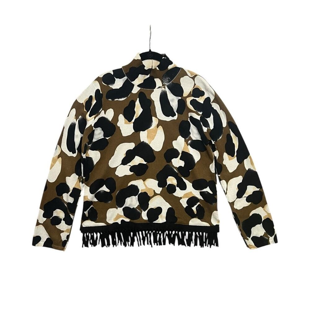 Cashmere Cotton Fringe Tyler Boe Maximalist Animal Print Mock Neck Sweater Sz M